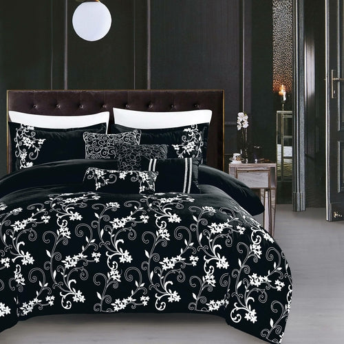 Kimana Contemporary Floral Black Comforter Set - 7 Piece Set